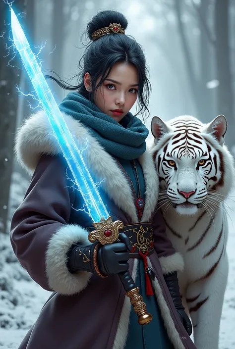  Dressed in warm winter clothes made of thick fur ,  (wearing hijab) Cleverly combines traditional Chinese design patterns with modern elements ，ferocious expression ， Energetic ,  Beautiful eyes， The legendary god with the spear ，arafed image of a woman r...