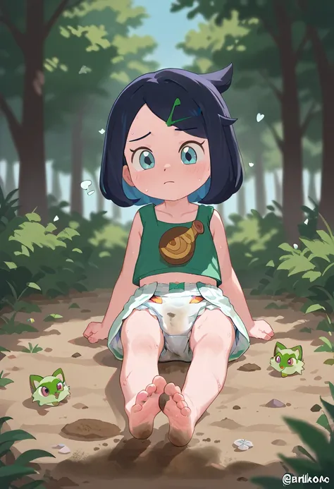 masterpiece, best quality, highres, liko as a toddler, girl sitting, wet diaper, very cute, adorable, curious, barefoot sole, foot focus, dirt, smelly, stinky, steamy, sweaty