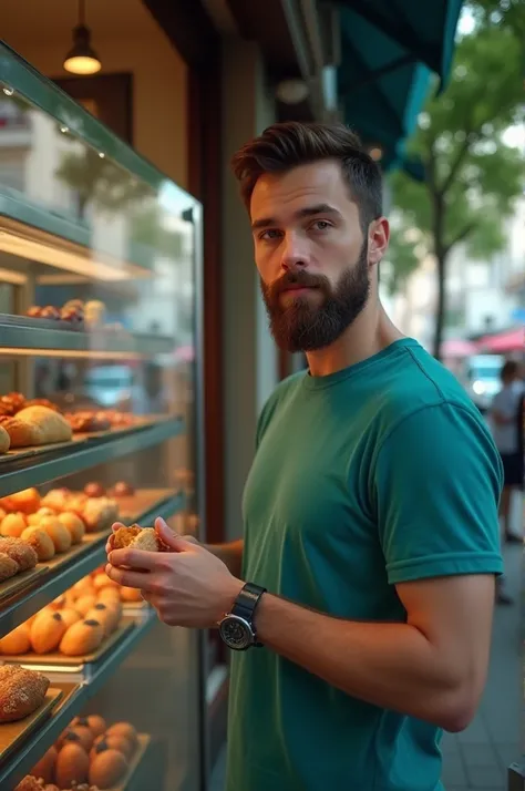 "A young man with a beard, wearing a teal t-shirt, is standing in front of a bakery or café, holding a piece of food in his hands. The background features a display of pastries behind glass, a street scene with people, and a tree partially visible on the s...