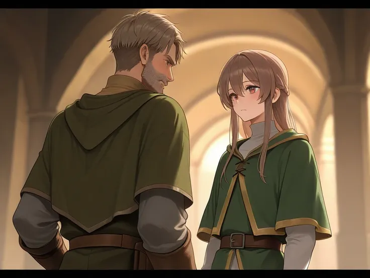 The brown-haired man in medieval fantasy .  is 190 cm tall and stands in plain clothes. 