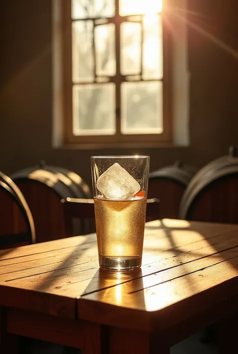  an Onderock glass is placed on a neat wooden table, and the contents are just one large cube of ice and a colorless liquid.. There are Clorax barrels all around. The surrounding background is a window with warm sunlight. .