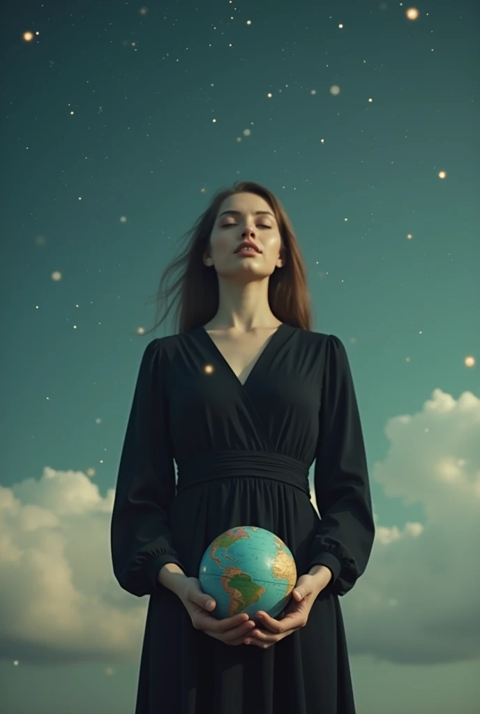 Surreal cinematic photo. Description: A woman in a long-sleeved black dress stands atop a small, spinning Earth held in her hands. Her face radiates serenity, with her eyes gently closed and a faint smile gracing her lips. The sky around her is adorned wit...