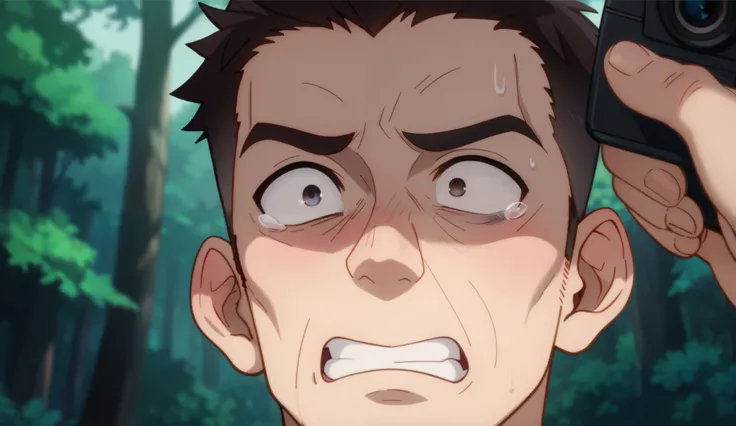 ((close up)) ((scene)) a man holding a camera in the dark forest, exhausted and scared face, movie scene, anime , 