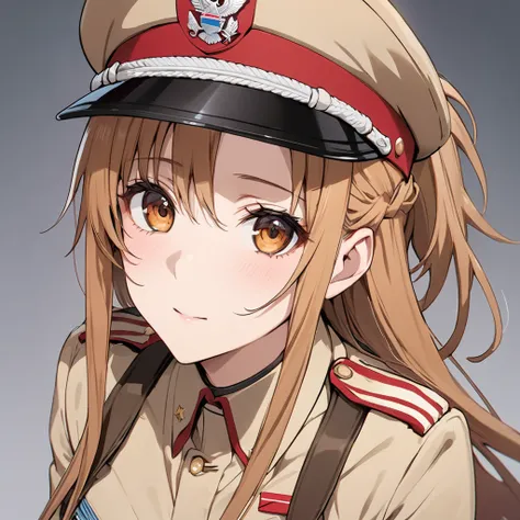 (( top quality )), ((masterpiece)), ( Details), （perfect face）、Yuki Asuna with bright brown hair is wearing a khaki military uniform and a military hat