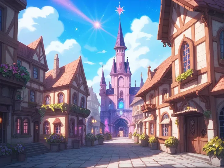 "A serene, fantastical townscape at twilight, inspired by European medieval architecture. The scene features a central plaza with a grand clock tower, cobblestone streets, and cozy shops lining the square. In the sky, soft golden-pink hues blend with emerg...