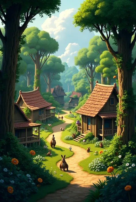 A Village with tall trees and animals like rabbit, turtle and monkey and other animals
