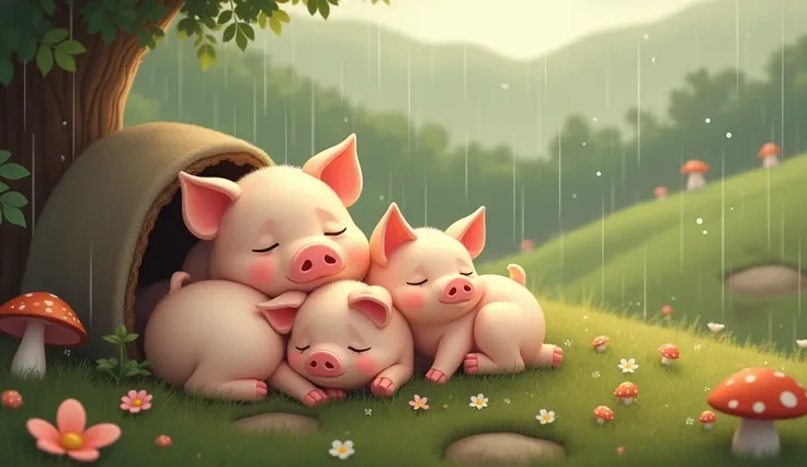 Create an thumbnail for the youtube video on the title The Coziest RAINY Fairytale: A Sleepy Tale of the Three Little Pigs 😴