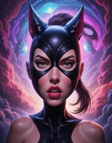 An exaggerated caricature of Catwoman, Emphasizes Distinctive Features, Fantasy Background