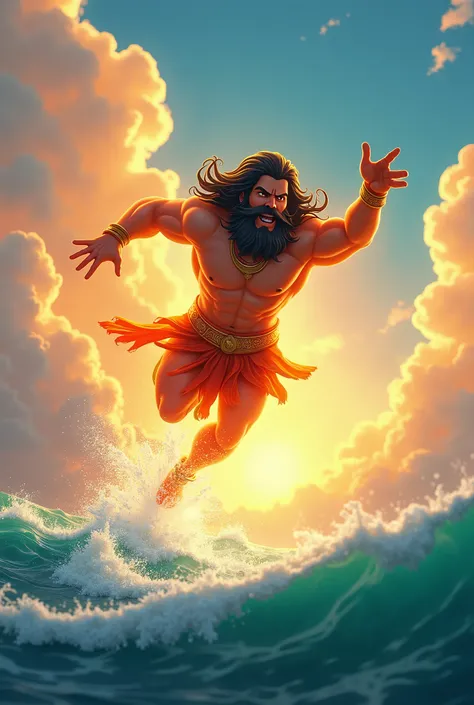 In cinematic 3d cartoon style " Hanumans Leap to Lanka: A powerful scene of Hanuman flying across the ocean, leaping from the shores of India to the island of Lanka. His fiery body shines with divine energy as he crosses the sky, determined to find Sita.