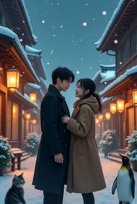  old Japanese cityscape、 man black coat 、woman brown coat 、 Flirting 、 cute kitten、penguin、 Highest Masterpieces、 high image quality、Real photo、Lovely couple、night、snow、