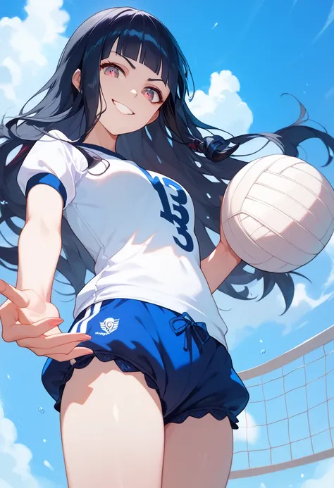  1 girl, ,, black hair, long hair,blunt bangs,change,looking viewer,((Gym clothes、Blue Bloomers、 white volleyball wear)),Half an eye, Evil Smiles ,Improve、View from directly below１０
