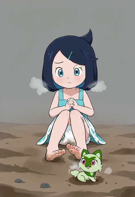 masterpiece, best quality, highres, liko as a toddler, girl sitting, wet diaper, very cute, adorable, curious, barefoot sole, foot focus, dirt, smelly, stinky, steamy, sweaty