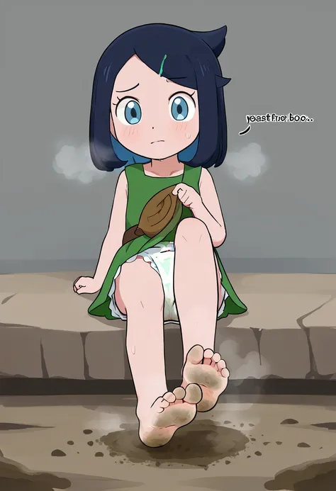 masterpiece, best quality, highres, liko as a toddler, girl sitting, wet diaper, very cute, adorable, curious, barefoot sole, foot focus, dirt, smelly, stinky, steamy, sweaty