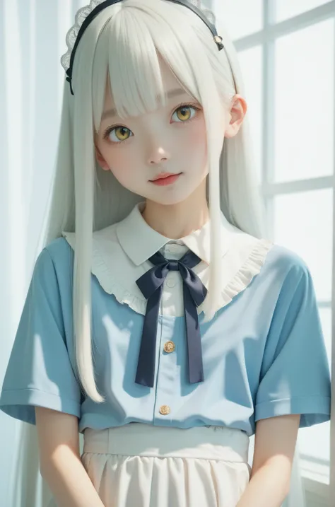    maid clothes,Junior high school students, cute girl,masterpiece, ((  long hair )),  long white hair ,  very long straight hair, Short bangs, アルビノの white skin, Pale yellow eyes , Narrow shoulders,  white skin,Thin arms, skinny