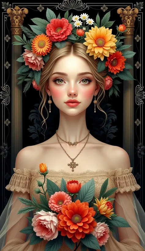 ((  measurements))、((Excellent))、(   Details)、  、 art style 、   Princess of Russia   、 Beautiful flowers in my hair   、Look straight at the camera. Symmetrical floral patterns and columns for wallpaper on a black background.、 Portrait 