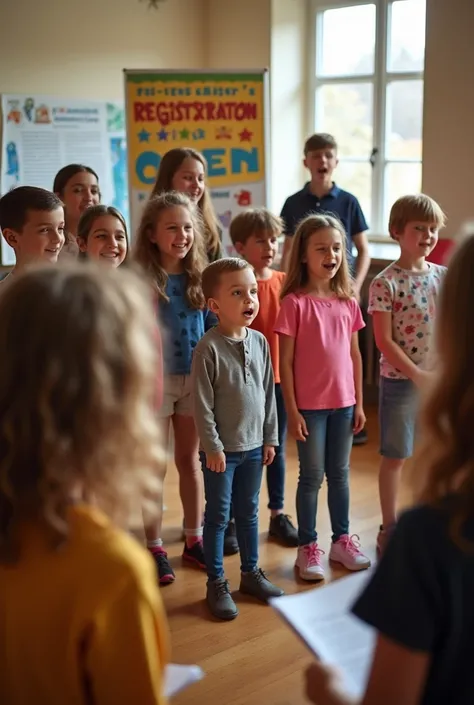 A realistic scene of a ren’s choir rehearsal. A group of happy, diverse ren aged 6–12 standing together in a semi-circle, singing with enthusiasm. The ren are dressed casually, in bright and cheerful colors, and the room is a well-lit community center or s...