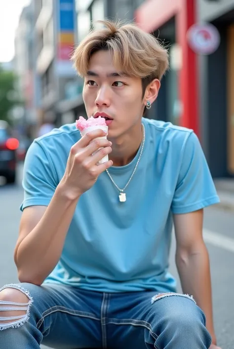  handsome Korean man with beige hair in cream herght blue wearing blue pink t-shirt wearing blue ripped blue jeans,wears silver necklace wears white buts ,wearing viral earrings posing sitting while eating ice crime while staring at the front of the street...