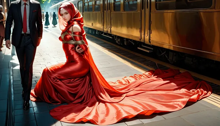 A woman shrouded in a 10-meter-long, plush red transparent cloth, tightly bound and grandly draping along the form of her body, flowing off into a pooled floor-length train, styled in a mermaid-inspired outfit, her head modestly veiled in a satin hijab, ta...