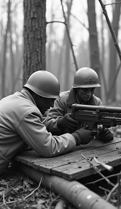 Black and white historical photograph depicting two soldiers in a forested area, lying prone on a wooden platform. The soldiers are wearing helmets and winter gear, with one in a light-colored coat and the other in a darker coat. They are positioned behind...