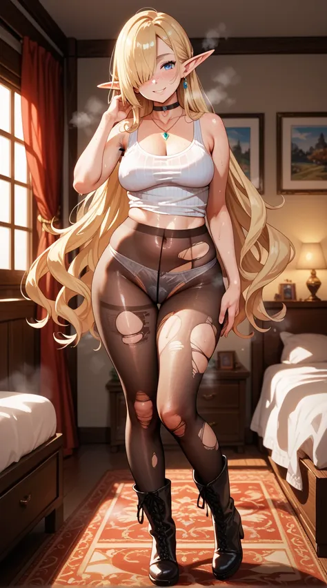 (score_9, score_8_up, score_7_up, score_6_up, score_5_up, score_4_up), heroneisan, 1girl, , blue eyes, blonde hair, pale skin, freckles, beautiful, , detailed face, , wide hips,, sexy, blush, high class brothel background, ((elf)), pointy ears, , armpit ha...