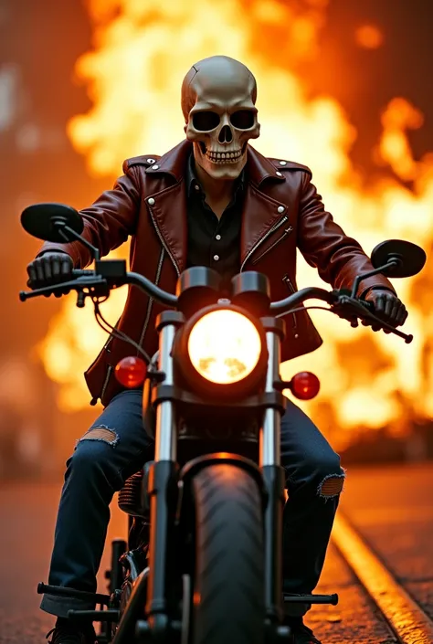 A skull-headed man lights a fire .  brown leather jacket torn jeans riding a Harley Davidson motorcycle . on a street A city center destroyed by a car war burns a building on fire And a handsome young Indonesian man walks casually carrying a rifle.. ful Ac...