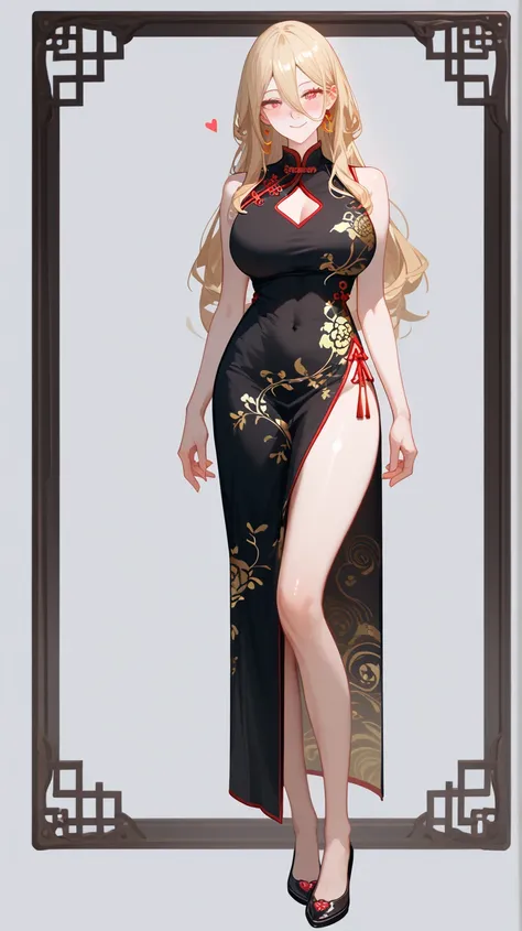 1 Girl,  unique ,  HD, Accurate,  long hair, blond,  hair between eyes,  Big Breasts ,  blush,  has a seductive smile, heart in eye,  Wearing cheongsam， Full Body Photo ， long legs，Black Silk：1.5， format