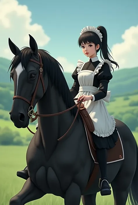 Maid riding a big dark horse