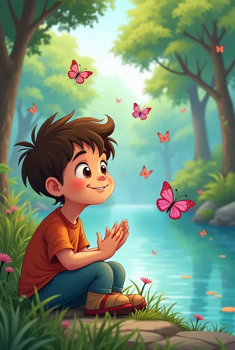 Cartoon A boy  sit on the river bank  and watch Butterflies.