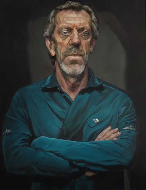 (a painting by mse) close up portrait of a award winning photo of hugh laurie posing in a dark studio, (rim lighting,:1.4) two tone lighting, sharp focus, teal hue, dimly lit, low key, highly detailed, sharp focus, unreal, professional, 4k, max detail, hig...