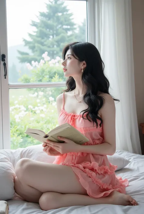 (photorealism:1.2), beautiful asian girl sitting in bed, wearing barbie frock,having book in one hand ,looking outside the window ,window is decorated with flowers