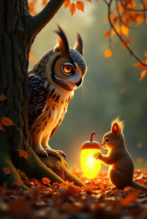 An old owl talking to a squirrel who is about to nibble on a golden shiny acorn which is shining like a sun