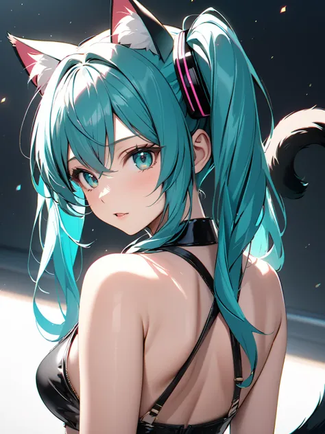 Cat ears,  cat tail, ( Hatsune Miku ), masterpiece:1.5, masterpiece, highest quality, UHD, retina, masterpiece, accurate anatomy, super detailed, high quality, best quality, 8k