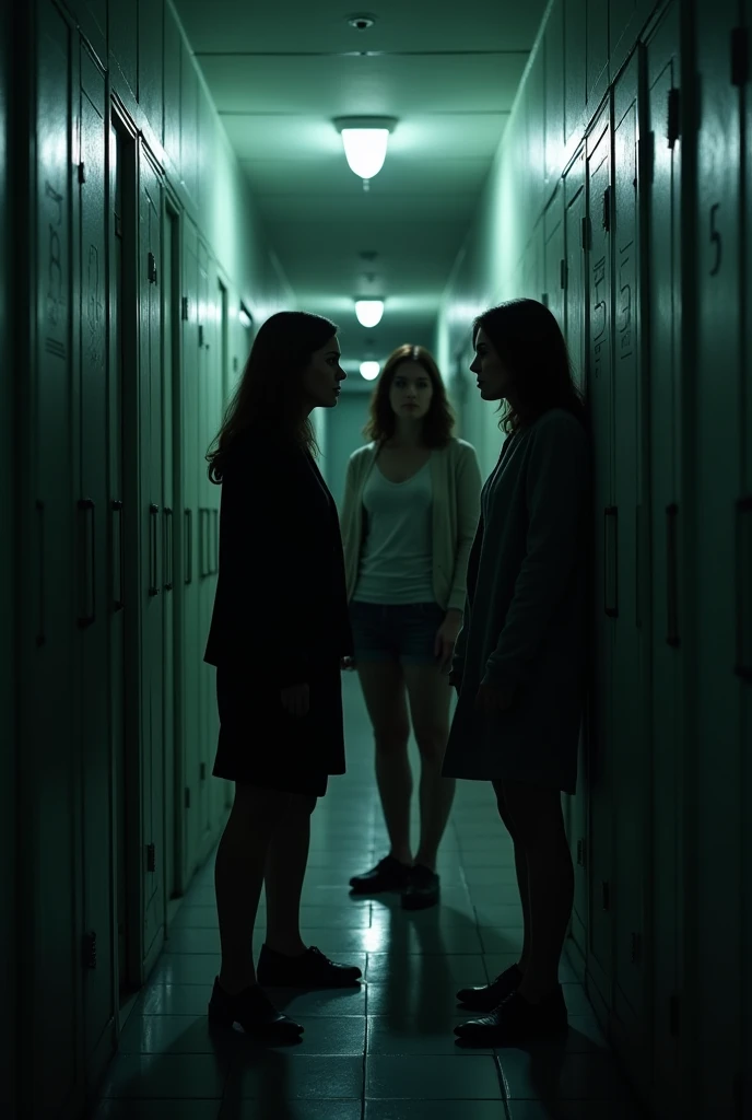 Three women in an apartment corridor with several numbered doors
