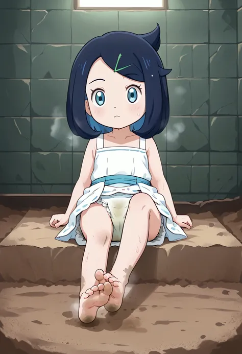 masterpiece, best quality, highres, liko as a toddler, girl sitting, wet diaper, very cute, adorable, curious, barefoot sole, foot focus, dirt, smelly, stinky, steamy, sweaty