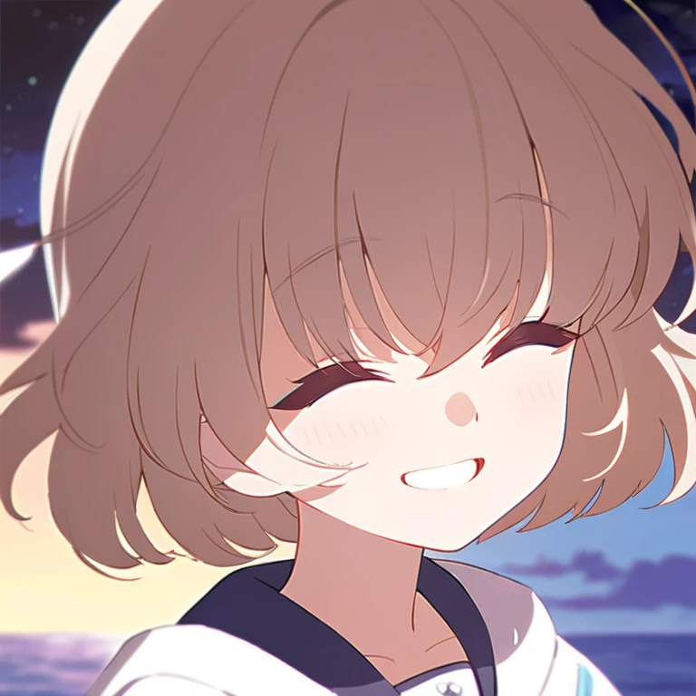 Generate blue archive girl that is middle school age with smiling face with short hair with peaceful and calm background behind her. Maker her open her eyes peceafully