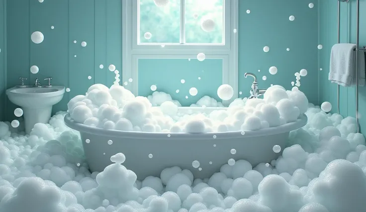 The bathtub overflowing with bubbles, filling the entire bathroom with floating soap suds