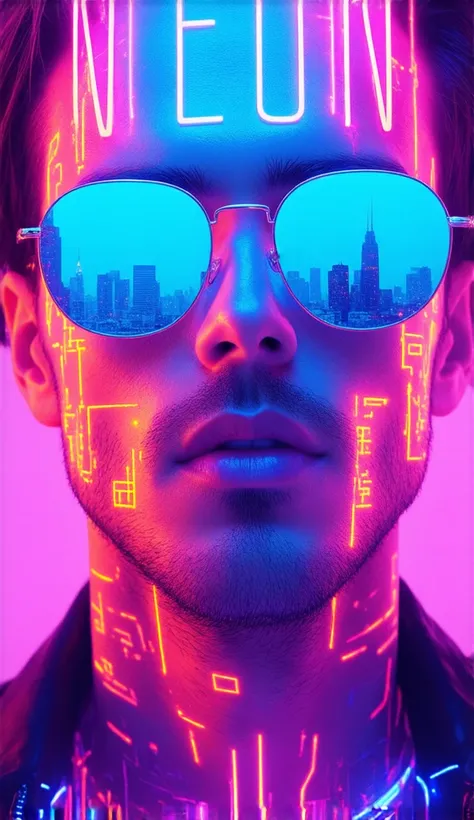 A vibrant and edgy album cover for a modern pop music album. The design features a close-up of a futuristic male singers face, adorned with glowing neon tattoos in intricate patterns. His sunglasses reflect a lively city skyline at night, filled with shimm...