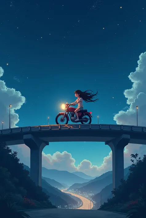 Cute girl riding a motorcycle on an overpass at night、 Beautiful Starry Sky、Beautiful night view、