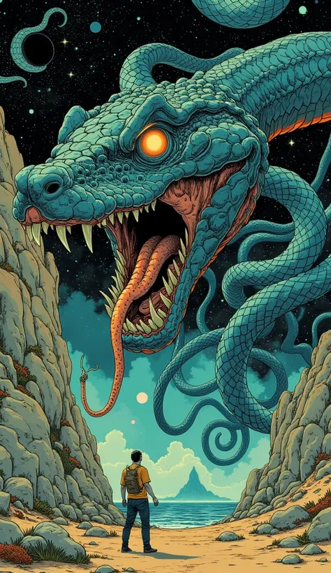 Comic Book Illustrations,Close up of a snake on the ground and a man holding a snake in his hand, Space horror illustration , Philip Casa , Creatures of Fear in Space,   Mixed Venom and Cthulhu ,  hydra with 8 heads ,  Lovecraft Cosmic Fear ,  inspired by ...