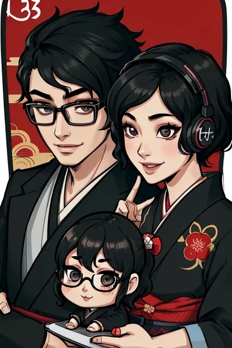 High resolution, detailed, Japanese boy wearing black suit and Japanese girl wearing black Japanese-kimono, one person, black wavy hair, semi-short hair, wearing glasses, Front facing, gaming headset, full body image, icon, smiling, They are in the PC room...