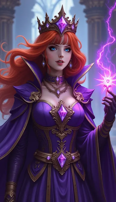 ((masterpiece,best quality)), ((same girl in the photo with same outfit and hairstyle)), ((She standing in Violet Citadel with a smile, as she can view in close up view, her fiery orange hair framing a striking figure adorned in regal attire)). ((A purple ...