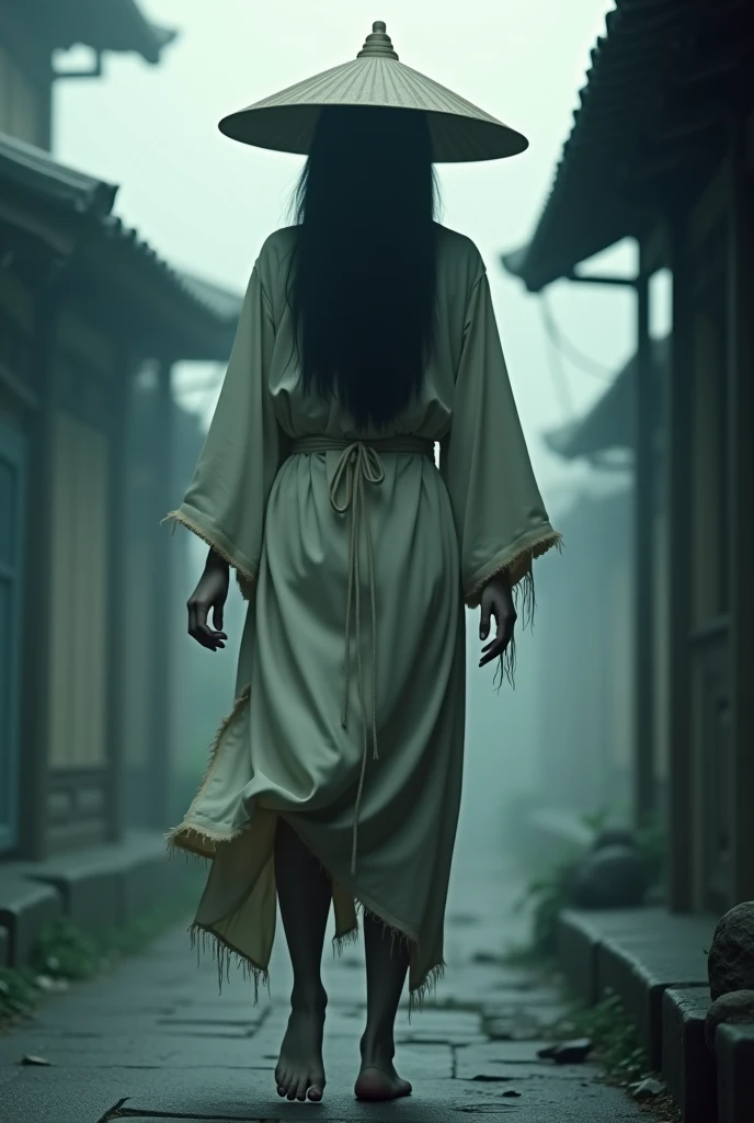 A ghostly female ghost Chinese with missing legs, She floats eerily, silently moving through the underworld villages.. Her long, Torn clothes drag on the ground, Covering a missing leg, And her face is hidden by a wide-brimmed hat, From a long lock of hair...