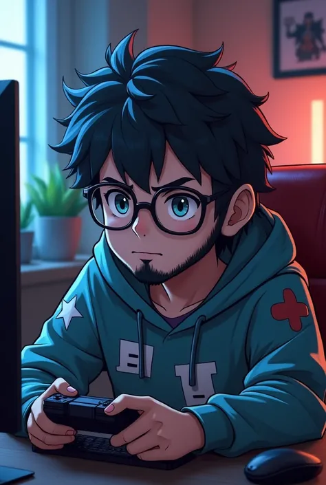 A gamer anime boy playing video game beard boy and wear glasses