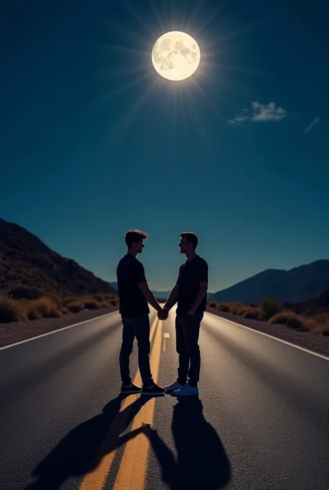 A cover and in the middle "Rocky Roads of Malibu Nights" are written and there should be  two guys standing under the moon holding hands and make them stand in the middle of the road there should be a car park next to them a Lamborghini would be good and p...