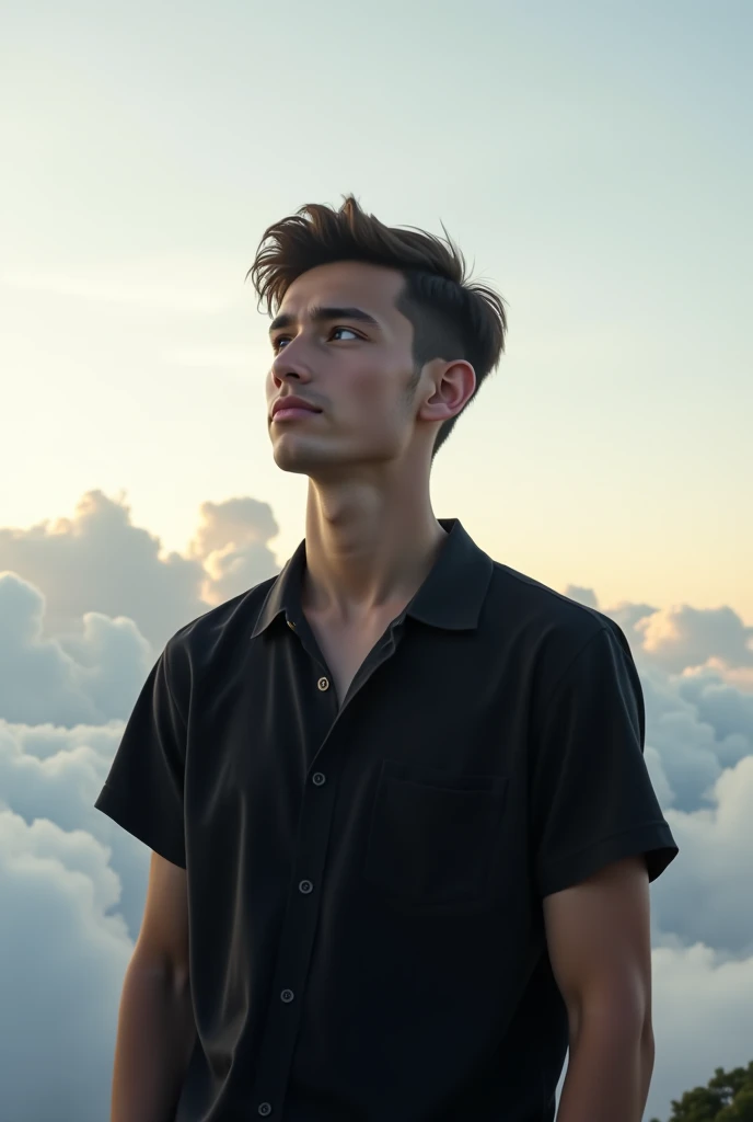 A 22-year-old man wearing a plain black shirt and a beautiful view of the clouds