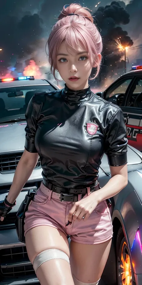 (Photorealistic, Ultra High Definition), ((close up:1, looking at viewer)), Soft light,1 police lady, Night City, (Detailed face), (Pink coiffed short-Hair: 1.3), (cloths color base on silver black pink red white), Futuristic Racing Suits, Police costume l...