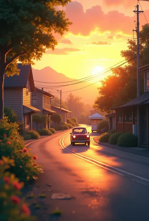 A quiet town road at sunset, A car down a road, and a small kiosk is visible ahead.