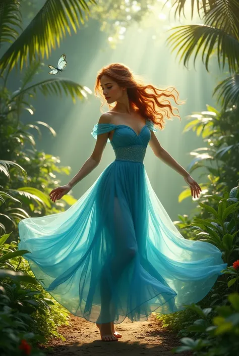 A princess wearing blue frock and dancing in jungle video 