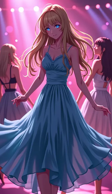 A smoothly dancing girl with long yellow hair, blue eyes, and a blue fluffy dress on the dance floor in a nightclub. There are other girls dancing next to her. The pink light of the spotlights cuts through the darkness. The air is saturated with smoke anim...