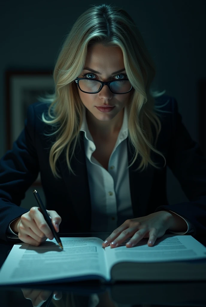 Create image Investigative journalist woman blonde blue eyes glasses very adna
 sitting in the dark.  Show Mystery and Tension . Anti-Corruption .  Security Agents  